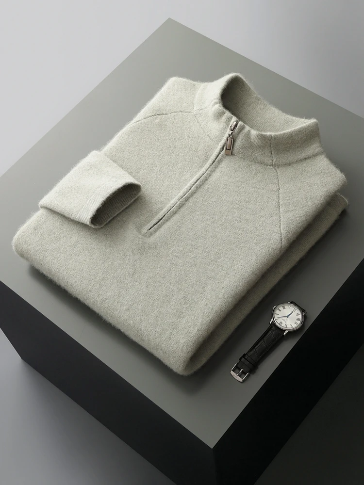 

New Men's 100% Goat Cashmere Sweater Mock Collar Half Zipper Pullover Autumn Winter Luxury Knitwear Soft Outdoor Sport Jumper