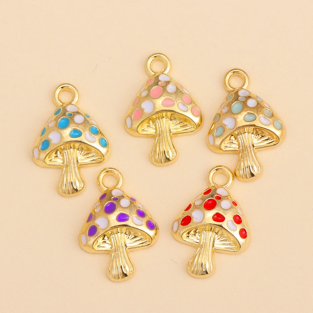 10Pcs Enamel Mushroom Charms Gold Plated Metal Pendant DIY Jewelry Making Accessories for Cute Earrings Bracelet Craft Supplies