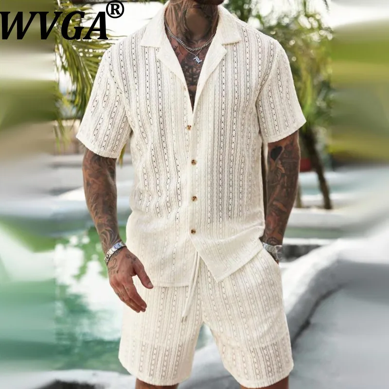 

Мужской комплект WVGA 2026: Новая коллекция Весна-Лето – Дышащая рубашка с коротким рукавом и вырезами, шорты на шнурке, 2 предмета, модель 260102