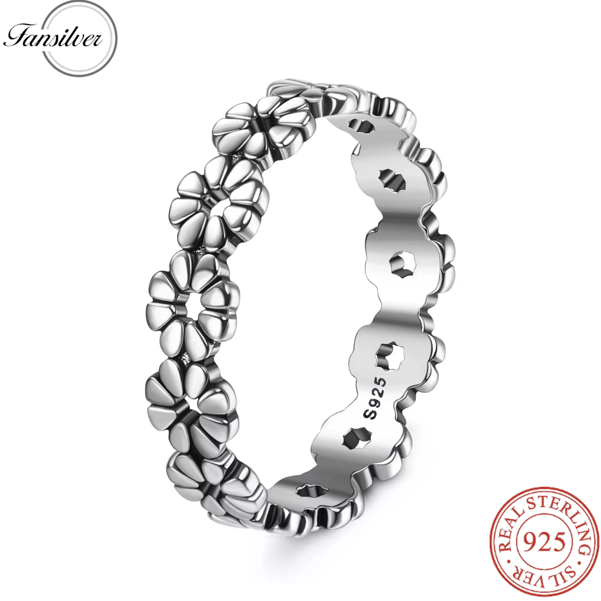 Fansilver 925 Sterling Silver Daisy Flower Ring for Women, High Polish Comfort Fit Flower Stacking Band, Perfect Valentine's Day