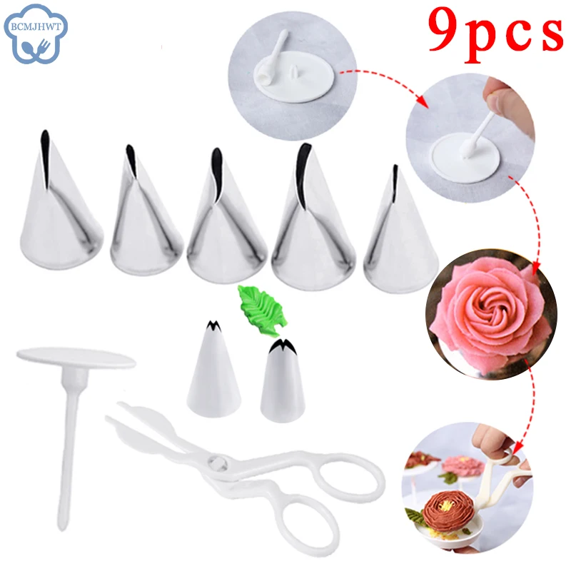 9Pcs/set Flower Scissor+Cake Tray +7pcs Tulips Rose Nozzle Nail Decor Lifter Fondant Cream Transfer Baking Pastry Kitchen