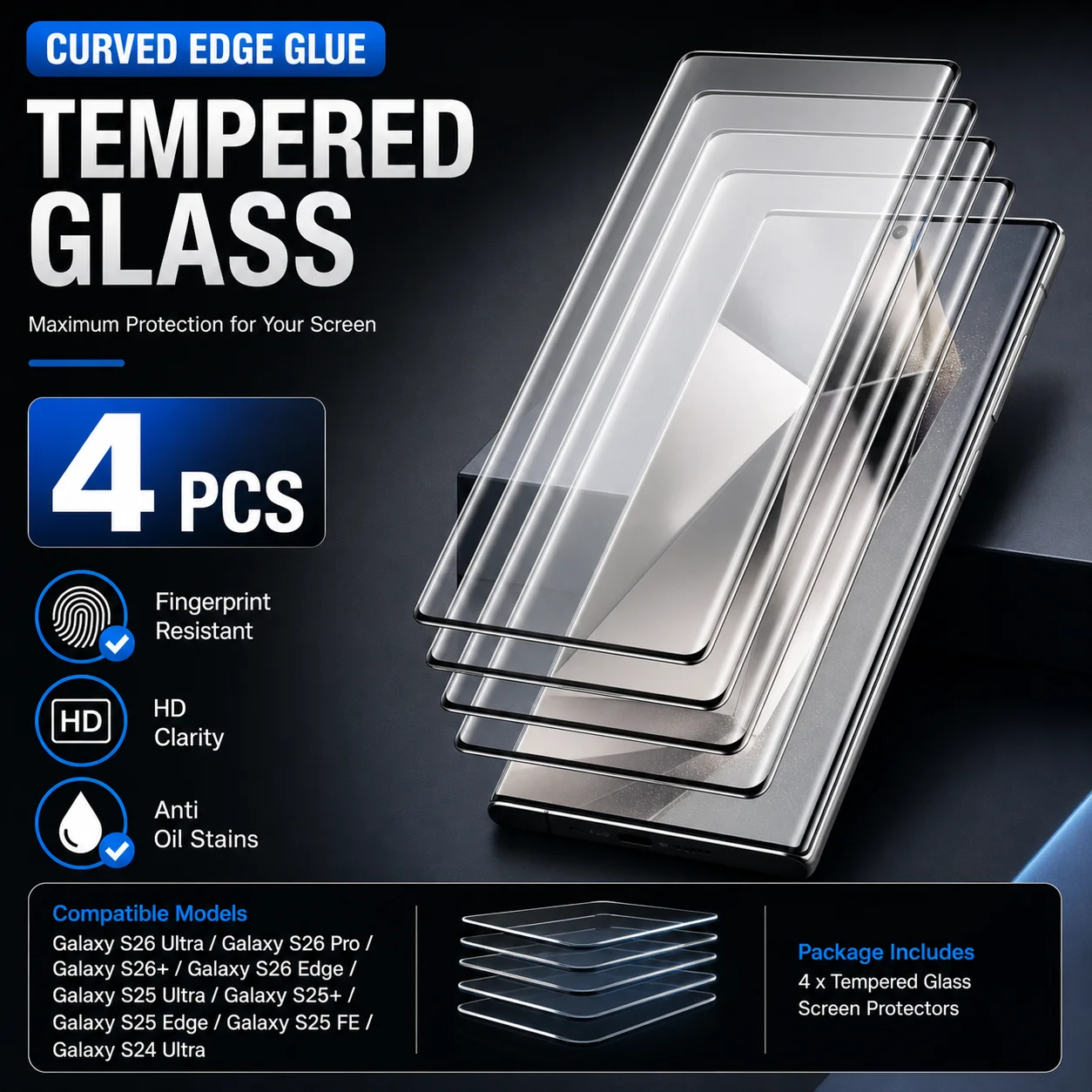 4PCS Full Cover Tempered Glass Screen Protector For Samsung Galaxy S26 S23 S25 S24 Ultra S22 S21 S20 Plus S25 S24 FE 9H Curved