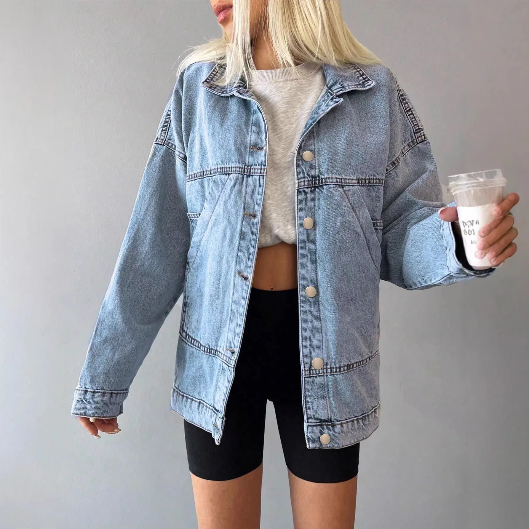 2026 Women Light Wash Denim Jacket American Retro Loose Drop Shoulder Oversized Casual Long Sleeve Jean Coat