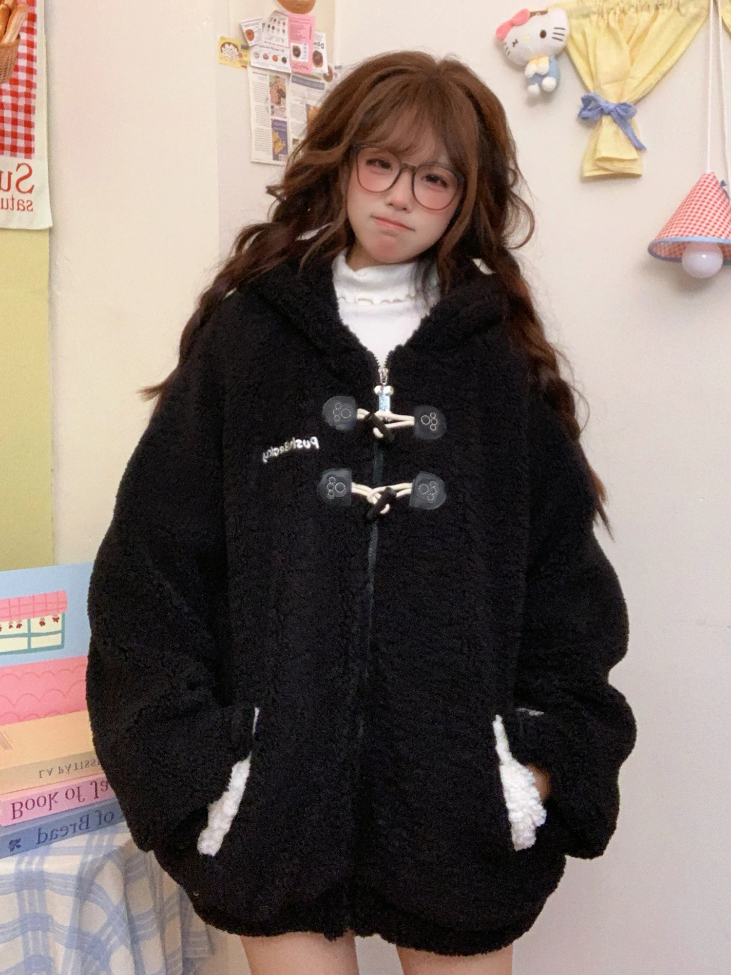 2025 Winter Women's Cute Bunny Ear White Lamb Wool Cotton Coat Loose Brown Zipper Horn Button Hooded Cotton Jacket