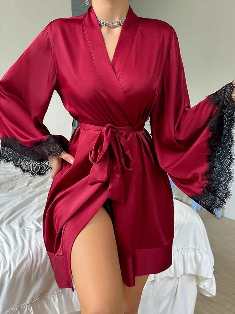 Women Pajama Shower Robe Satin Bath Robes For Women Long Sleeve V Neck House Robe With Belt 3 Colors Night Dress Sexy Sleepwear