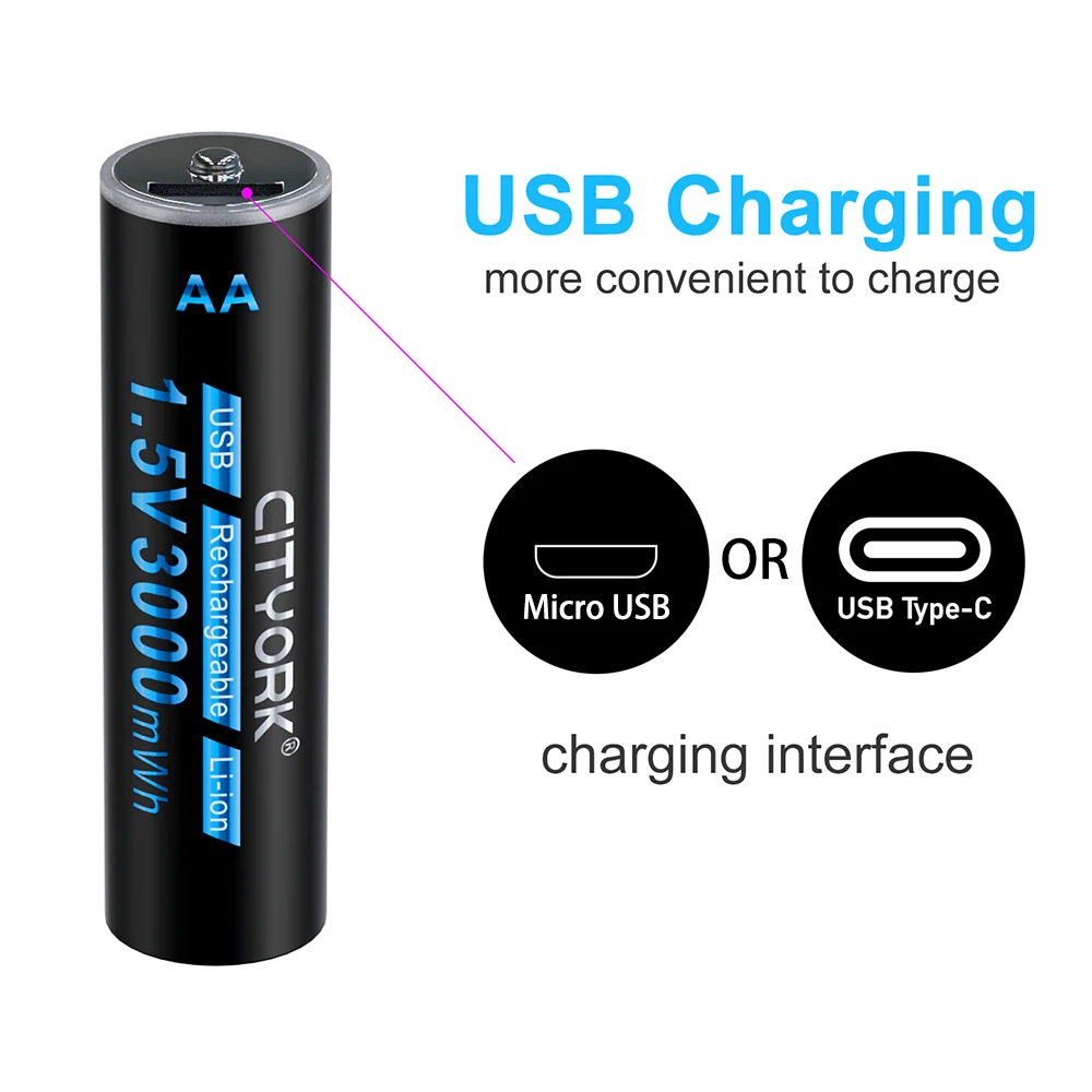 CITYORK 1.5V Li-ion AA Rechargeable Battery 3000mWh Type C USB Charging AA Lithium Battery AA 2A Cell For MP3 Player Thermometer