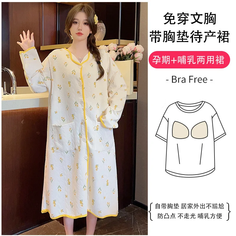 Cartoon Winter Cotton Padded Maternity Nursing Nightdress Loose Night Dress Clothes Women Pregnancy Home Dress