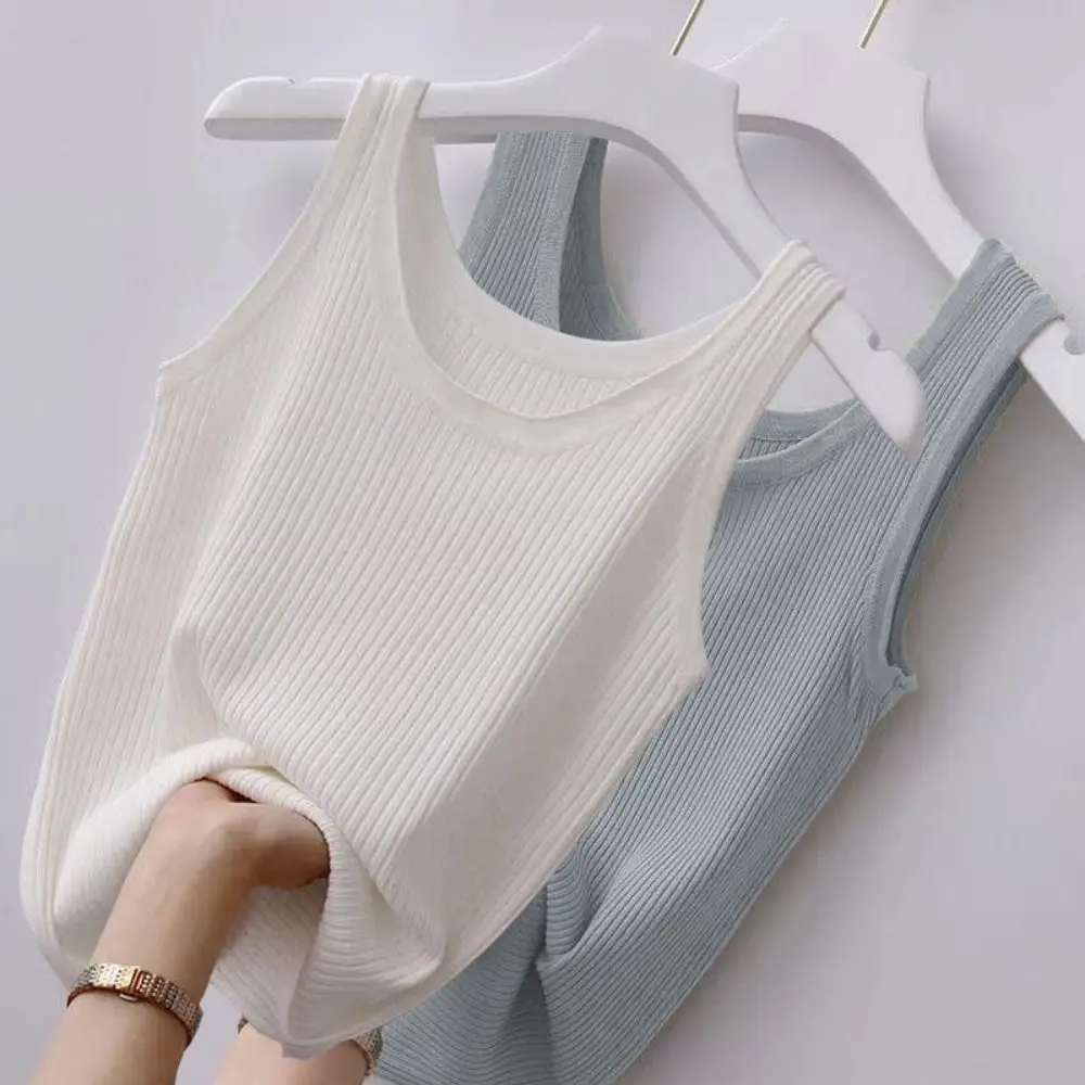 Summer Camisole Spring Knitted Tank Round Neck Crop Tops Sexy Sleeveless Camisole Solid Color Polyester Basic Top Streetwear Tee