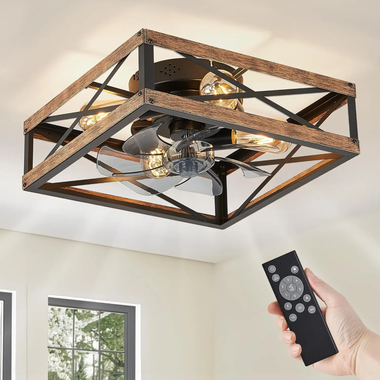 

Caged Low Profile Ceiling Fans with Lights and Remote, Rustic Square Flush Mount Ceiling Fan, 6 Speed Reversible Bladeless for