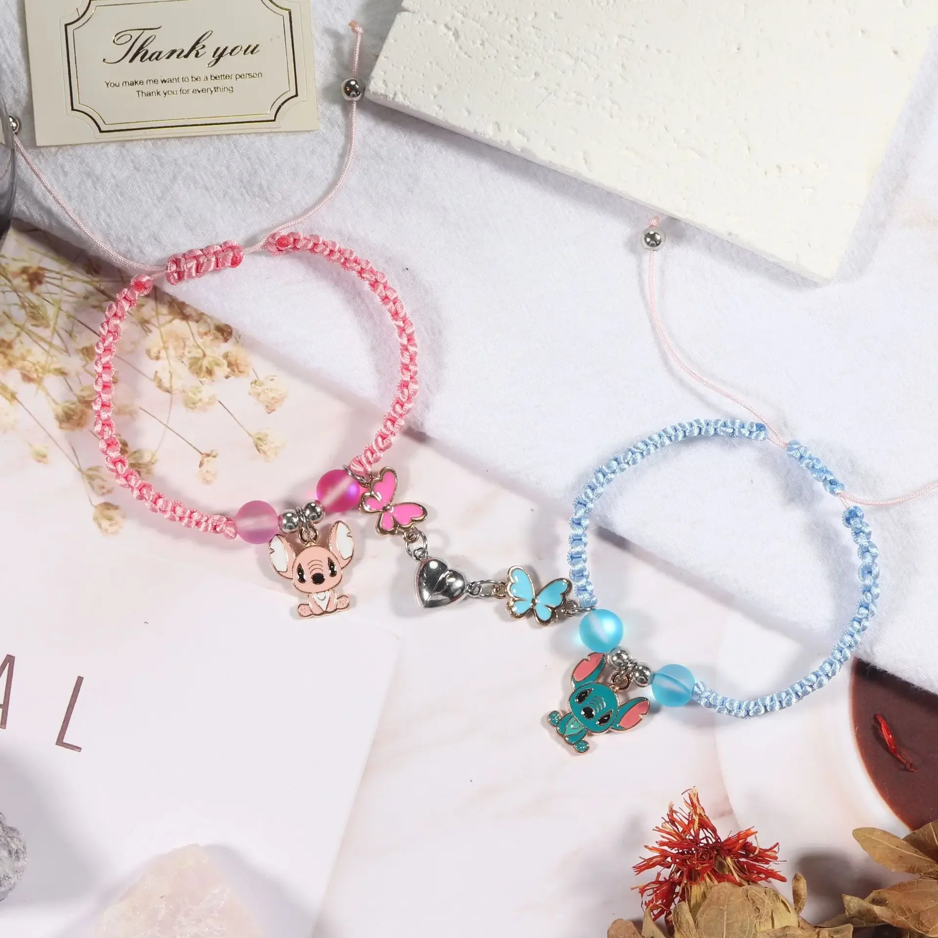 Disney Anime Figure Lilo & Stitch Charms Bracelet Set Cartoon Stitch Love Magnet Rope Chain Wristband Kids Toys Birthday Gift