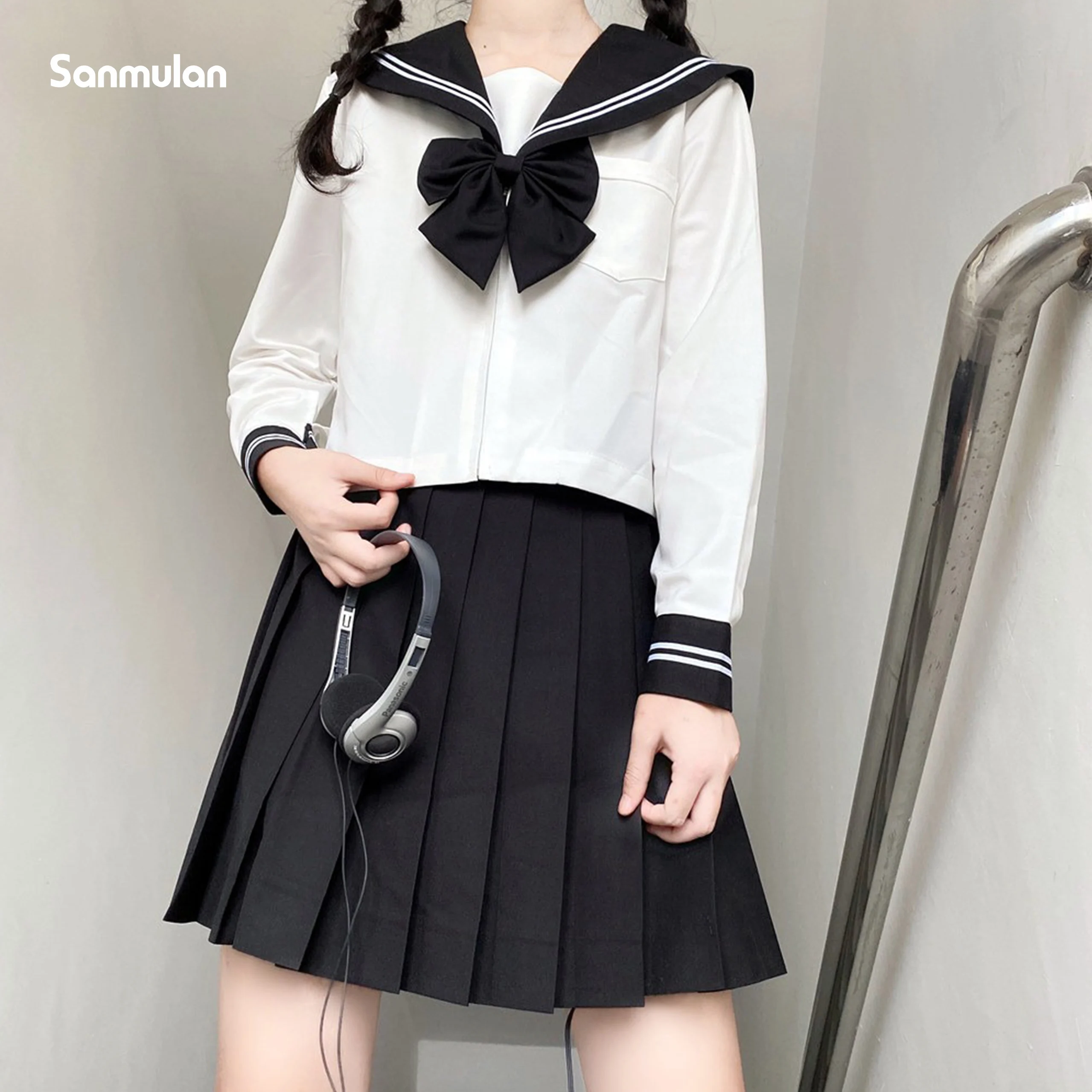 

Japanese and Korean Jk Uniform Skirt Pleated Skirt Genuine Suit Black Collar Basic Model Full Set Sailor Suit Four Seasons Model