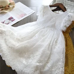 New Summer Dress for Kids Girls Embroidery Lace Flower Elegant Girl Wedding Princess Party Gown 3 -8Y Children Casual Clothings