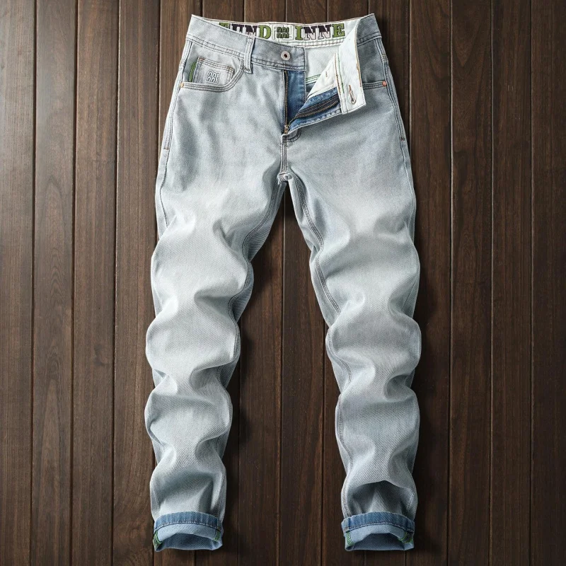 Vintage light blue jeans for men, spring and summer, soft, stretchy, thin, casual, versatile, compact, high-quality men's denim