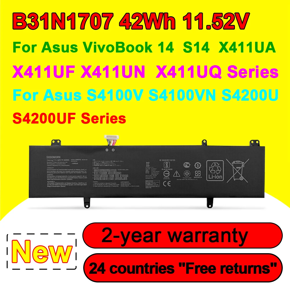 Nueva batería de ordenador portátil B31N1707 para ASUS VivoBook S4200U S4200UQ S4000V S4100V S410UA S410UN R421U X411U X441UA X411UF X411UN X411UQ