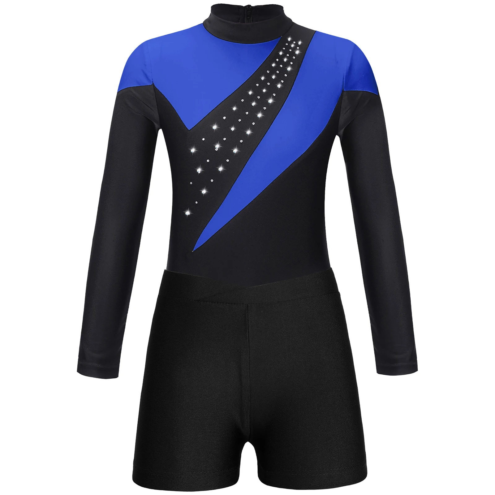 Girls Gymnastic Ballet Leotards Dancewear Long Sleeve Shiny Leotard Tights Jumpsuit with Shorts Figure Skating Dance Costume