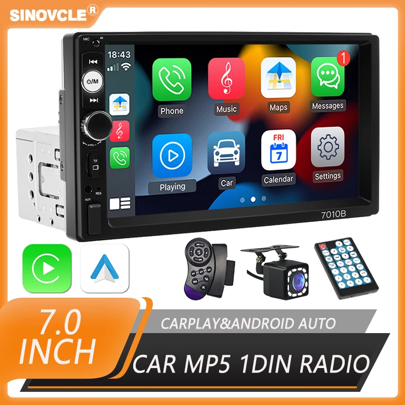 

SINOVCLE 1din Car Radio HD 7" Touch Screen Stereo Bluetooth Wired Carplay Android Auto FM Aux Mirror Link Auto Multimedia Player