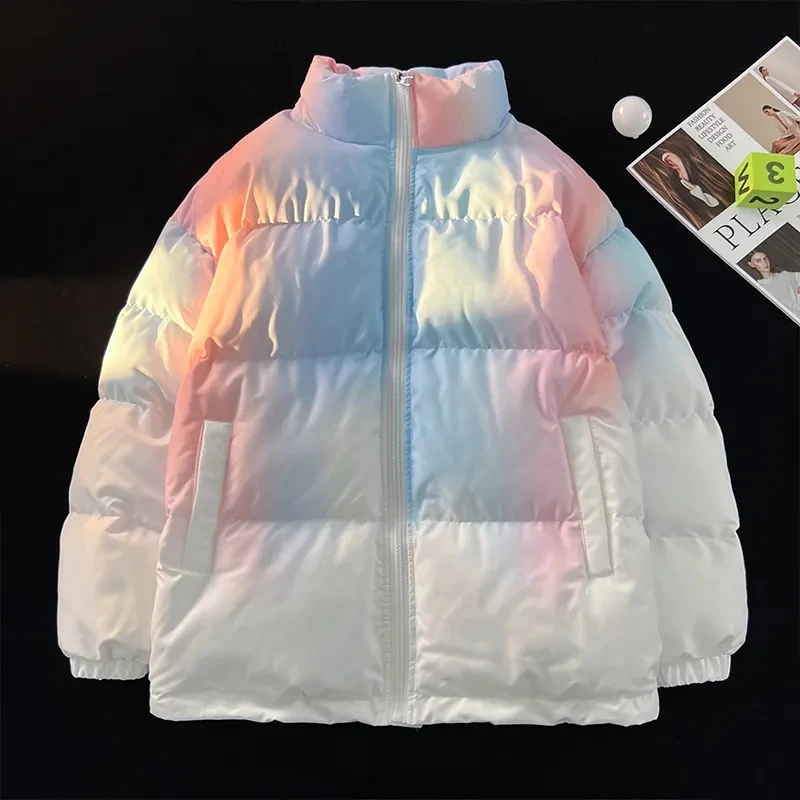 Rainbow Gradient Oversize Couple Jacket Women Street Winter Thick  Streetwear snow Harajuku Ladies Korean Fashion Zipper Jackets