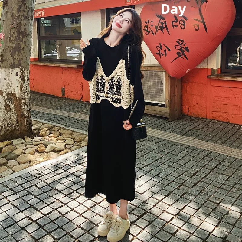 

Женское трикотажное платье больших размеров с эффектом двухслойности, длинным рукавом, свободного кроя, А-силуэт, осеннее, модное