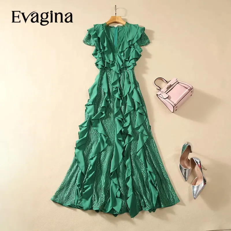 

Evagina New Fashion Runway Designer Dress Women's V-Neck Garment Sleeves Lace Hollow Out Patchwork Ruffle Midi Dress