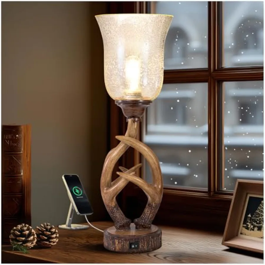 

Antler Table Uplight Lamp for Living Room Bedroom, 20.5" Resin Memory Function Bedside Lamps with Glass Shade, Rustic Nightstan