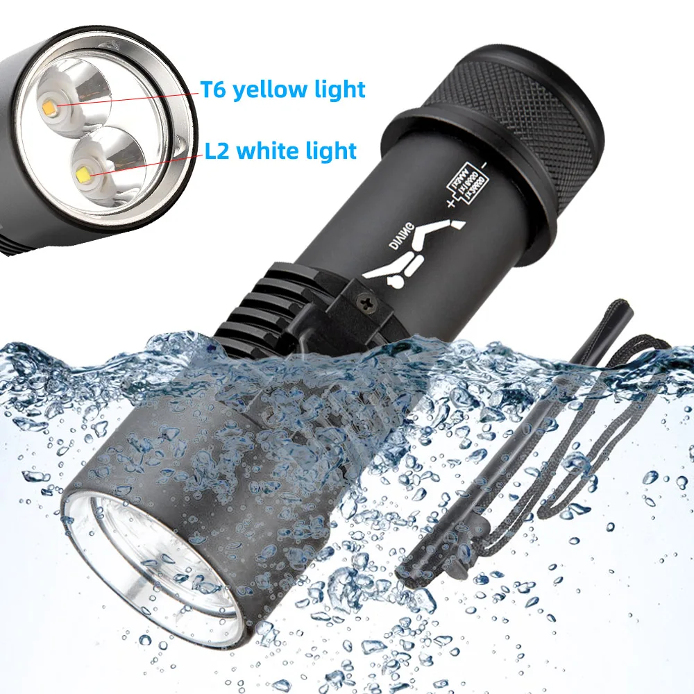 

L2 White +T6 Yellow Light Super Bright Diving Flashlight Underwater IPX8 Waterproof Scuba Torch LED Dive Rescue Lamp