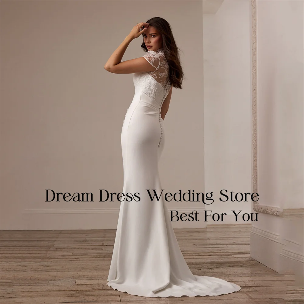 Classic Mermaid Lace Wedding Dress 2025 High Collar Pleat Illusion Back Applique Bridal Gown Train Vestidos De Novia Customized