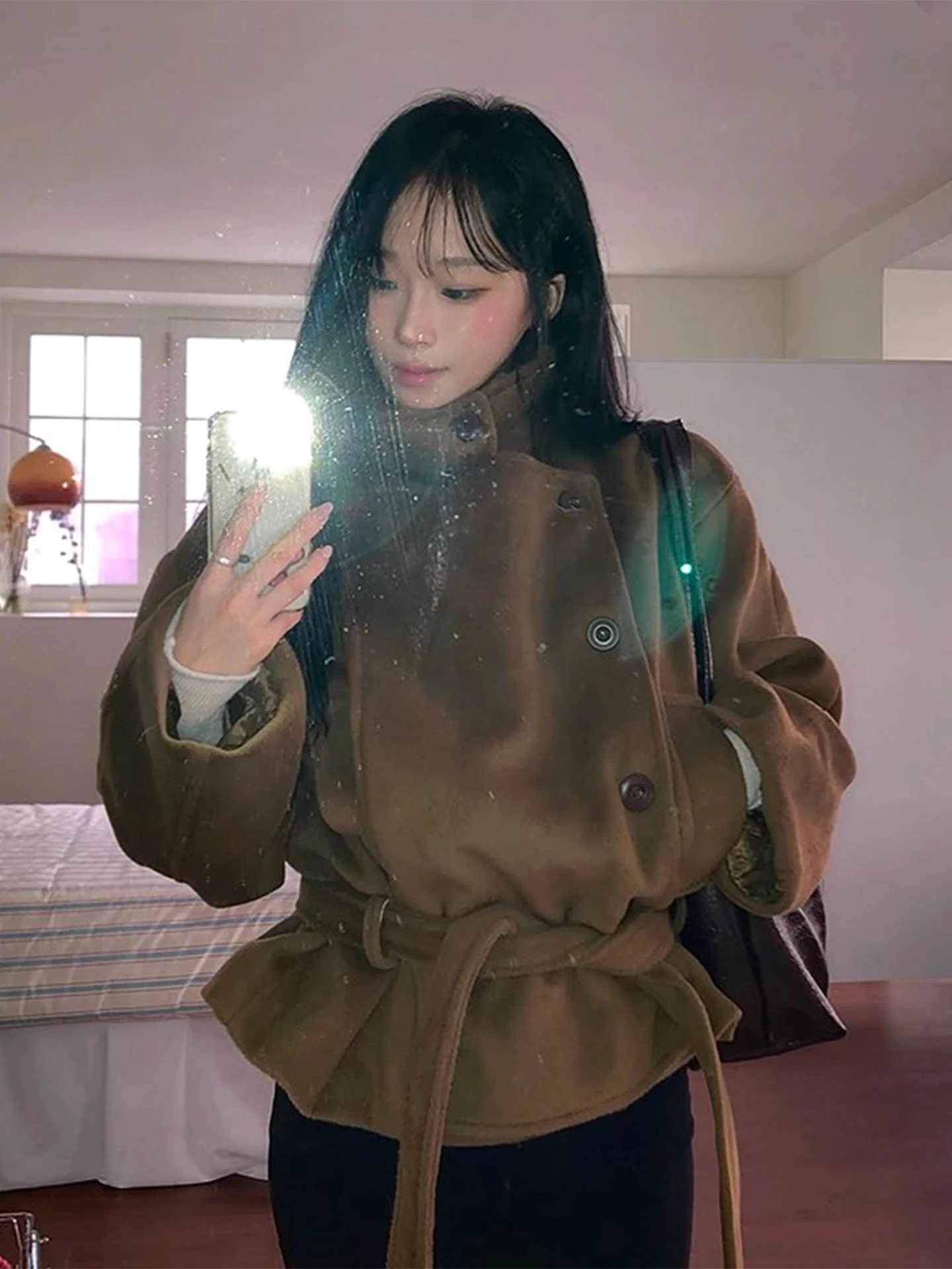 

Retro Double-Breasted Belted Waist Thiened Woolen Coat Women's Winter New Sle Versatile Woolen Top Long Sve Stand Collar