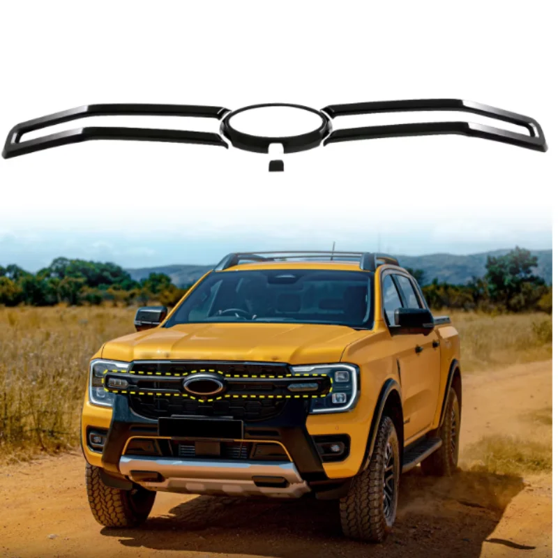 

For Ford Everest Ranger 2023 2024 carbonfiber black Front Hood mesh Grille Bonnet Lip Molding Cover Trim Exterior Accessories