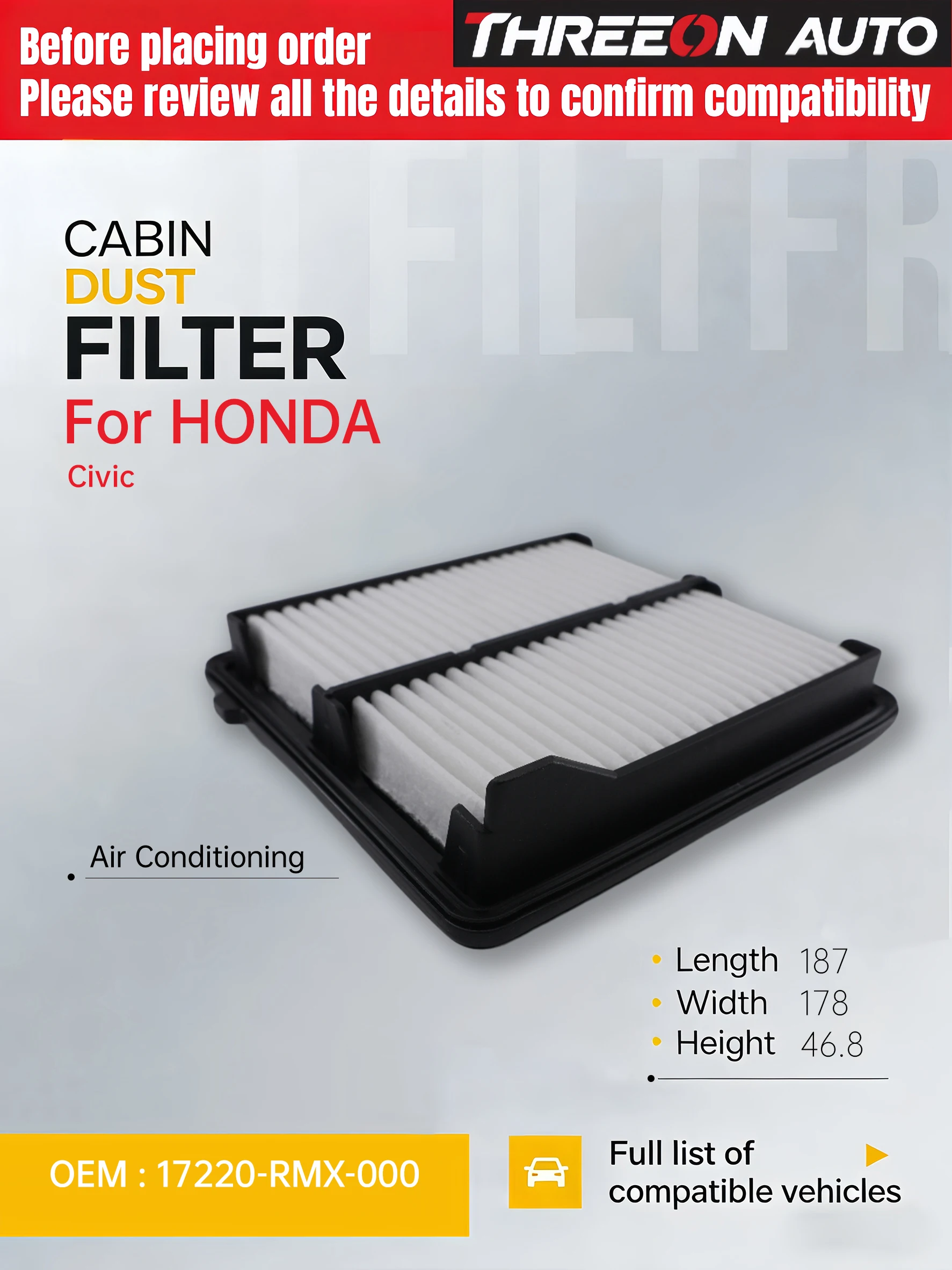 

For HONDA Civic VIII mk8 2005-2012 1.3L FD,FA 【Only Fits 1.3L】THREEON Engine Air Filter 17220-RMX-000 17220RMX000 TOA42222