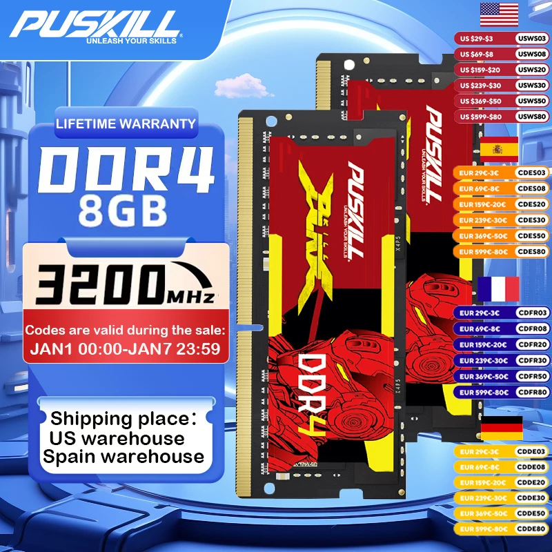 PUSKILL Notebook DDR4 Memoria Ram 8GB 3200MHz 2666MHz 2x8GB 1.2V 260pin Sodimm Laptop Memory