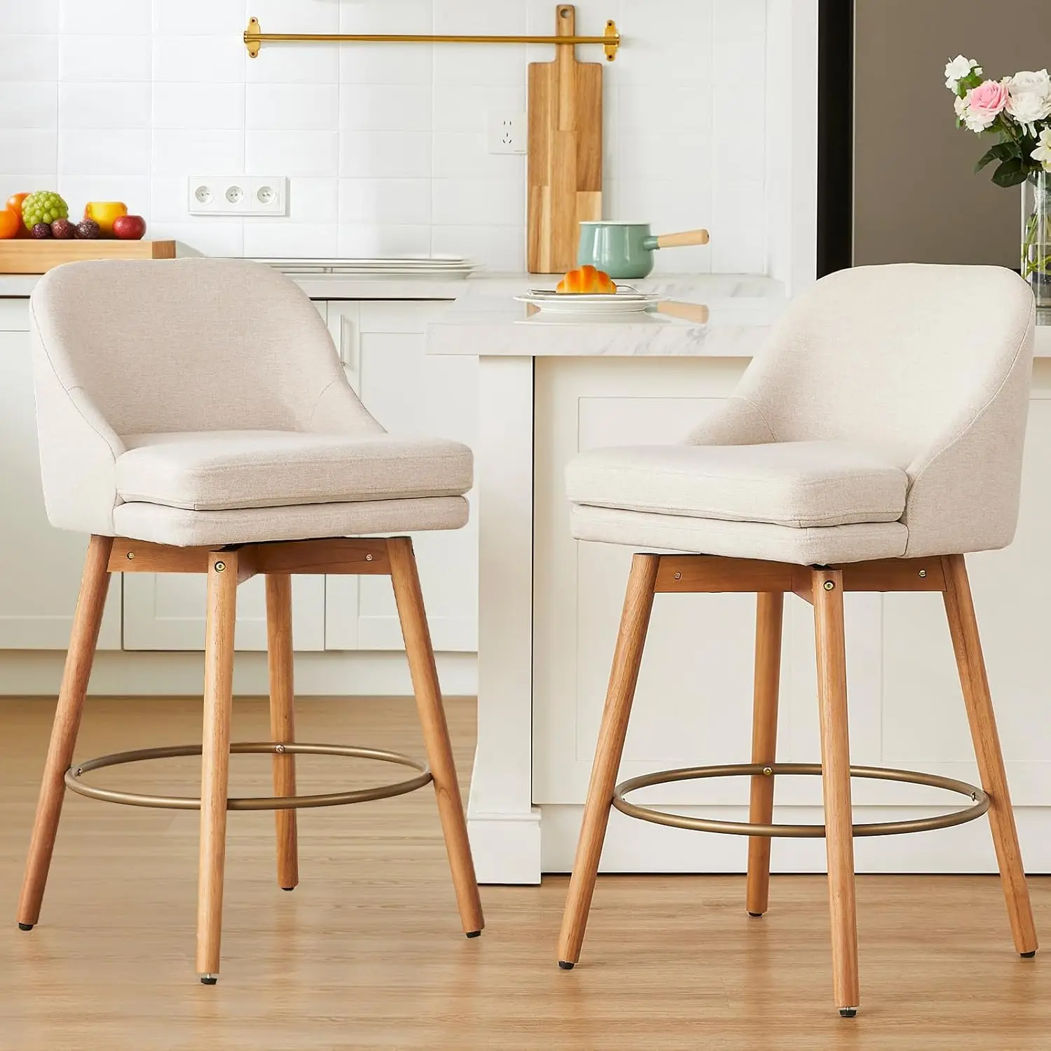 

Bar Stools Set of 2,Swivel Counter Height Bar Stools with Soft Upholstered Back,Thick Seat,Wooden Legs, Customized