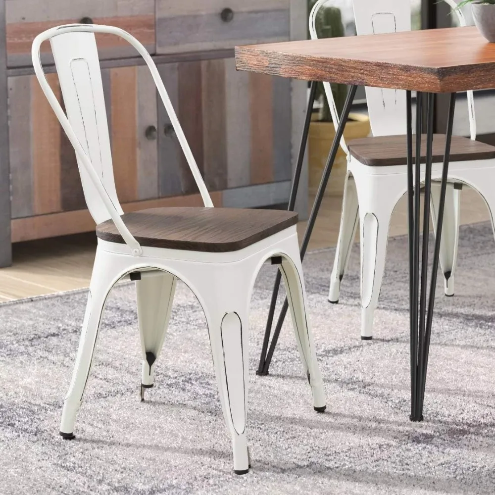 Metal Dining Chairs with Wood Seat, Indoor Outdoor Use Stackable Tolix Industrial Metal Chairs Set of 4 for Kitchen, Dining Room