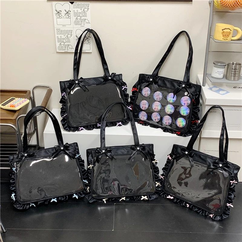 

Large Capacity Kawaii Pin Display Ita Bag Ruffled Trim Anime Shoulder Bags Lolita Girls Cosplay Casual Tote Bag with Bows