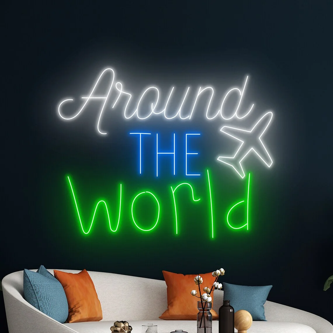 

Around The World Neon Sign, AirPlane Neon Sign AirPlane Decor, Text Neon Sign, Travel Agency Decor