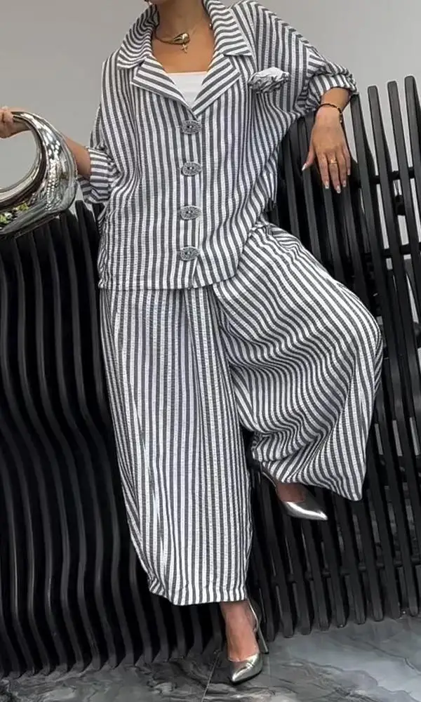 Autumn New Commuter Fashion Women\'s Suit Long Striped Printed Lapel Shirt Single-breasted Wide-leg Loose Trousers Casual Suit