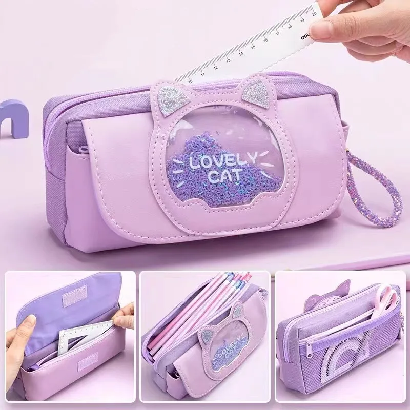 Quicksand cat pencil case cute pencil bag Three layers Big pen case girls kawaii Stationery bag cartoon animals pen bag student