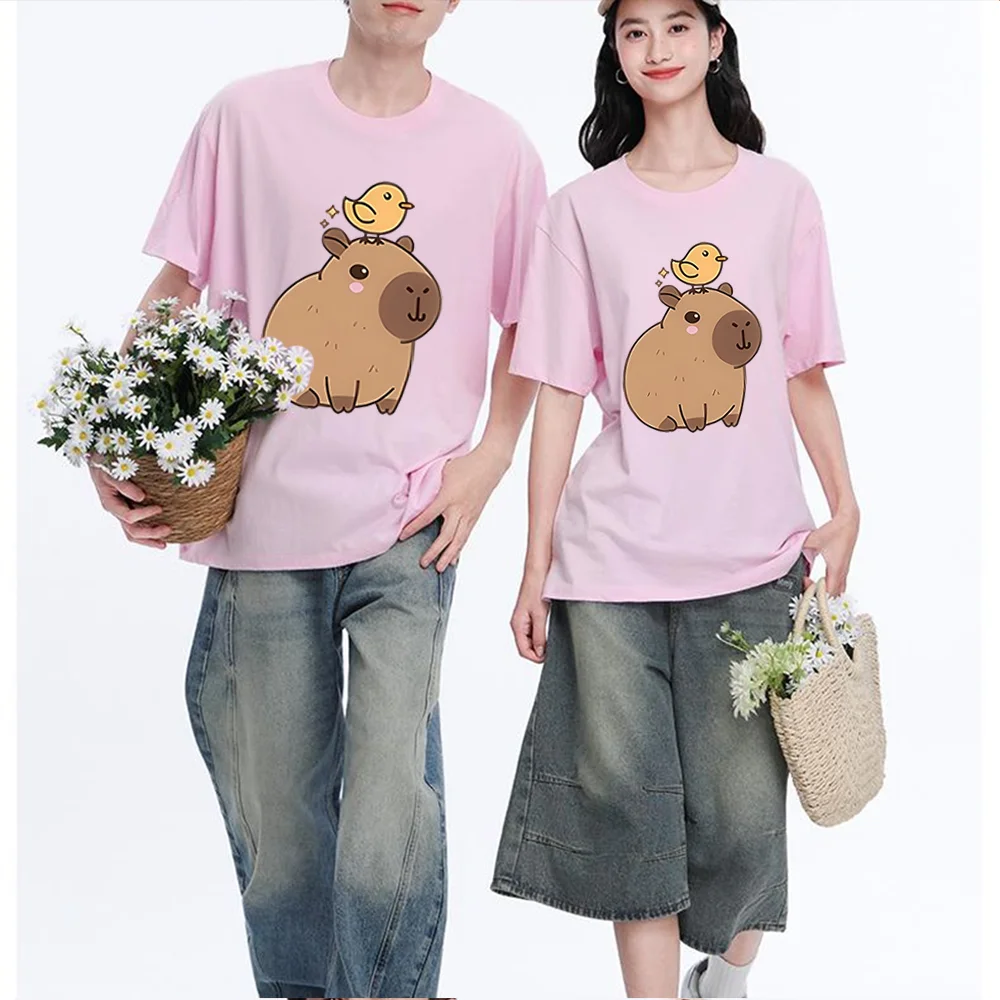 Capybara And Bird Printed T Shirt Breathable Fabric S-XXL Personalized Custom Aesthetic Graphic Top Unisex Fit Casual Short Slee