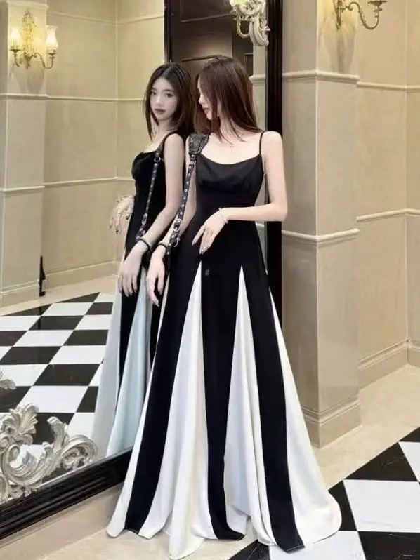 Hebe Style Black White Splicing Strap Dress Women Summer Beach Vacation High Waist A-Line Long Dress Retro Midi Skirt view 4