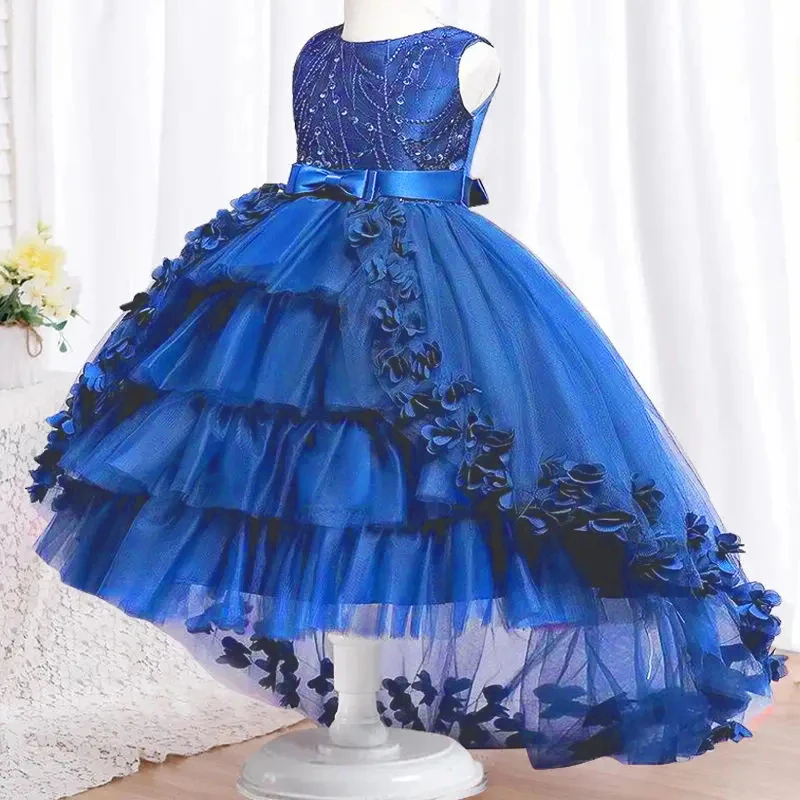 Elegant Flower Trailing Girls Party Dress Christmas Costume Tulle Bow Wedding Princess Dresses Girl Birthday Bridesmaids Evening