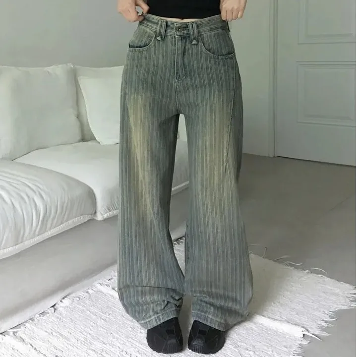 

Ретро полосатые широкие длинные брюки с высокой талией, женские джинсы, летние утягивающие драпированные повседневные брюки с высокой талией