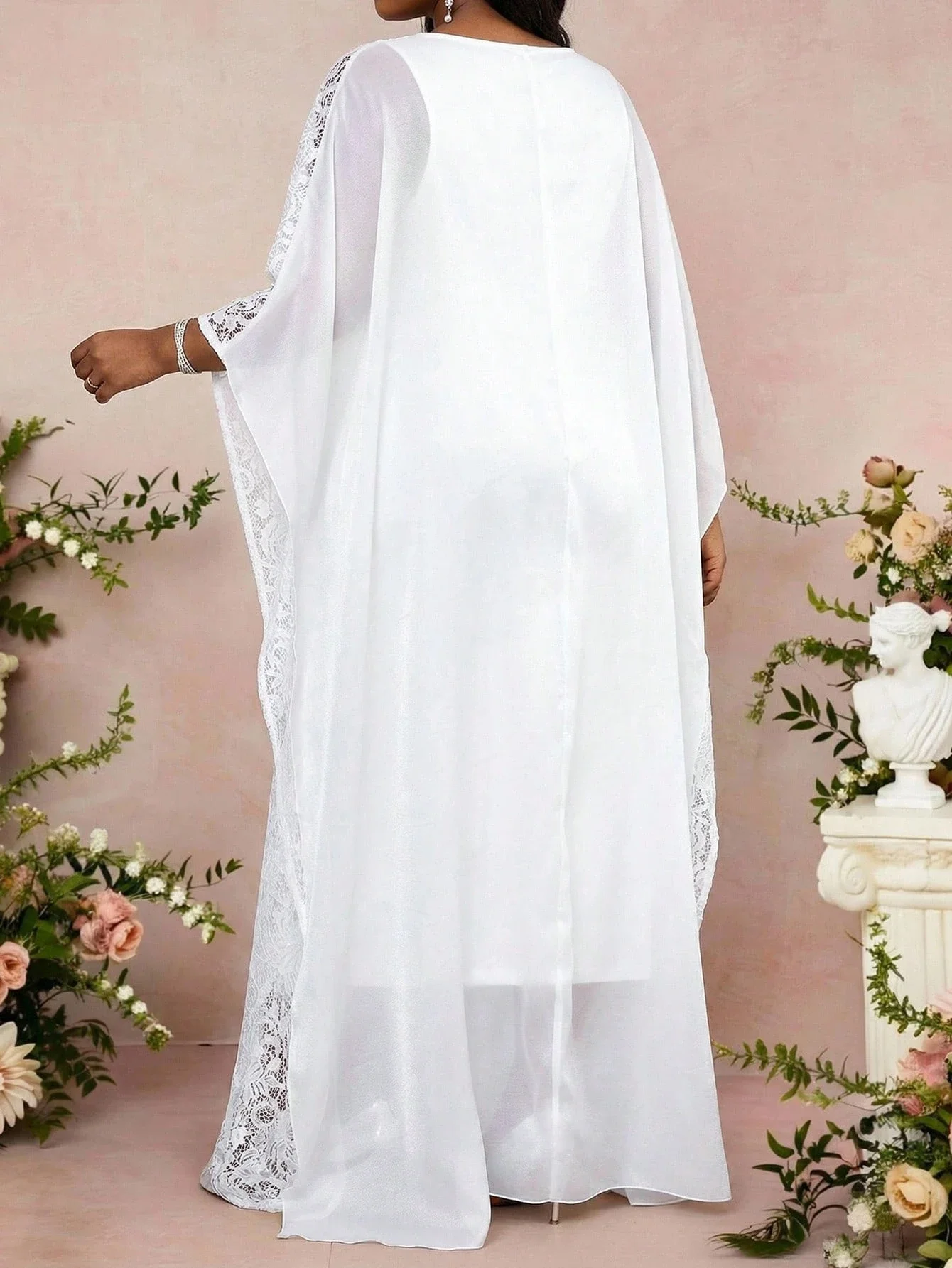 

White Lace-Trimmed Flowy Maxi Dress With Batwing Sleeves For Elegant Occasions And Plus Size Wear