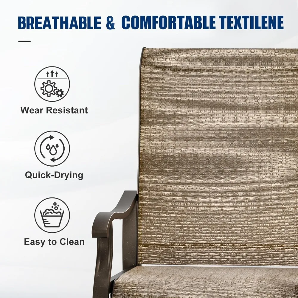 طقم كراسي طعام دوارة عالية الظهر للاستخدام الخارجي مكون من قطعتين، قماش نسيجي مقاوم للطقس، كراسي هزاز بإطار معدني