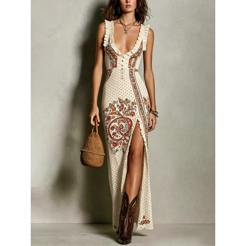A Stunning Vintage Printed Dress with A Deep V-neck and Irregular SlitAvailable in Multiple Colors Perfect for Outdoor Sparkling