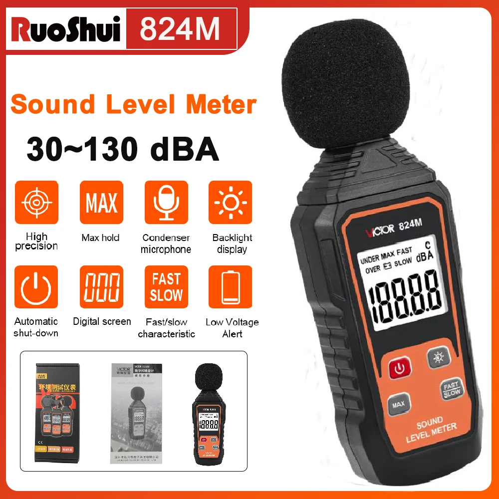 

VICTOR Noise Meter 824M Sound Level Meter 30~130 dBA Meter Decibel Meter Sound Detector Digital Sonometer