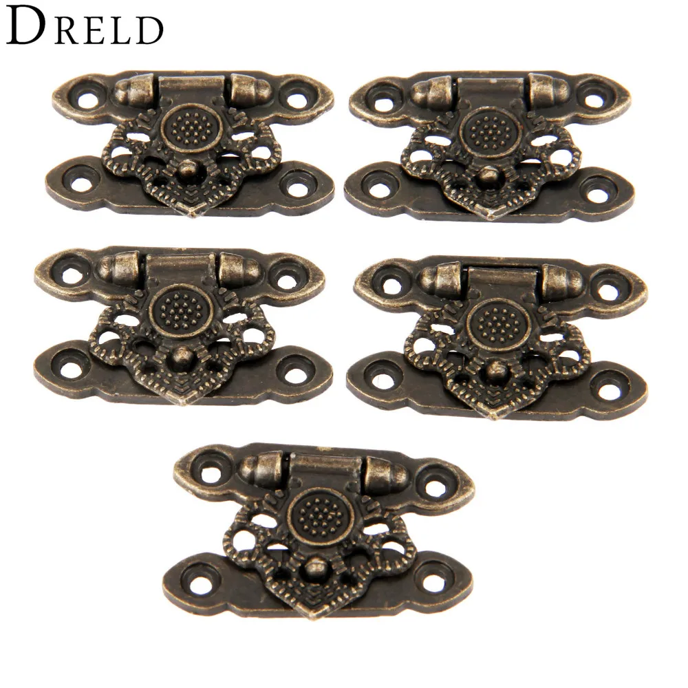 DRELD 5Pcs Antique Bronze Alloy Latch Hardware Decorative Jewelry Gift Wooden Box Suitcase Hasp Latch Hook With Screws 37*25MM