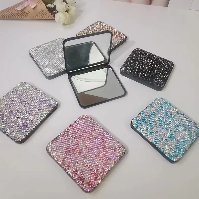 Espejo plegable de doble cara con diamantes brillantes, espejo de maquillaje con diamantes de imitación, hecho a mano, Mini espejo de bolsillo para viaje