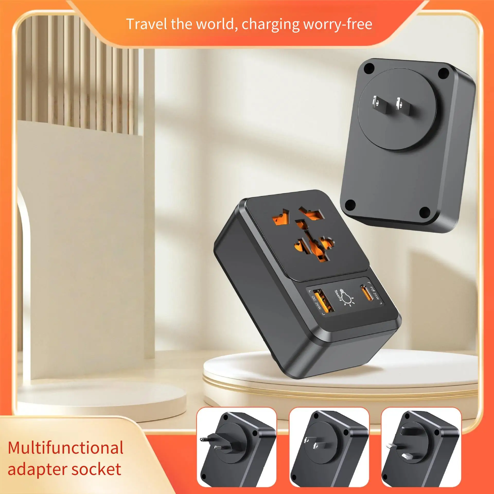Universal Travel Adapter EU US UK Plug Worldwide Wall Charger Socket with Sensor Switch Fast Charging USB Ports for