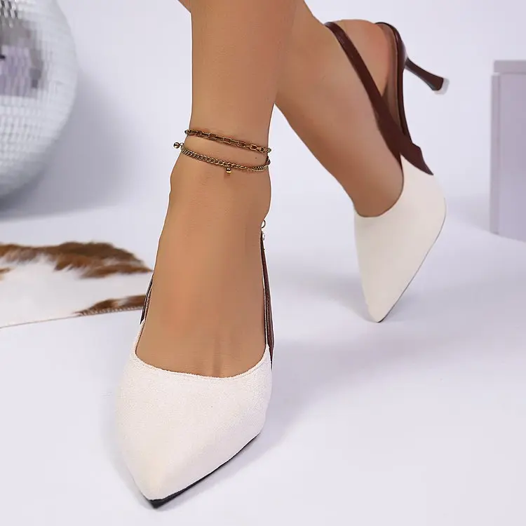 

Colorblock Wrapped Heel Sandals Summer New Pointed Toe Shallow Mouth One Strap Anti-slip Wear-resistant High Heels