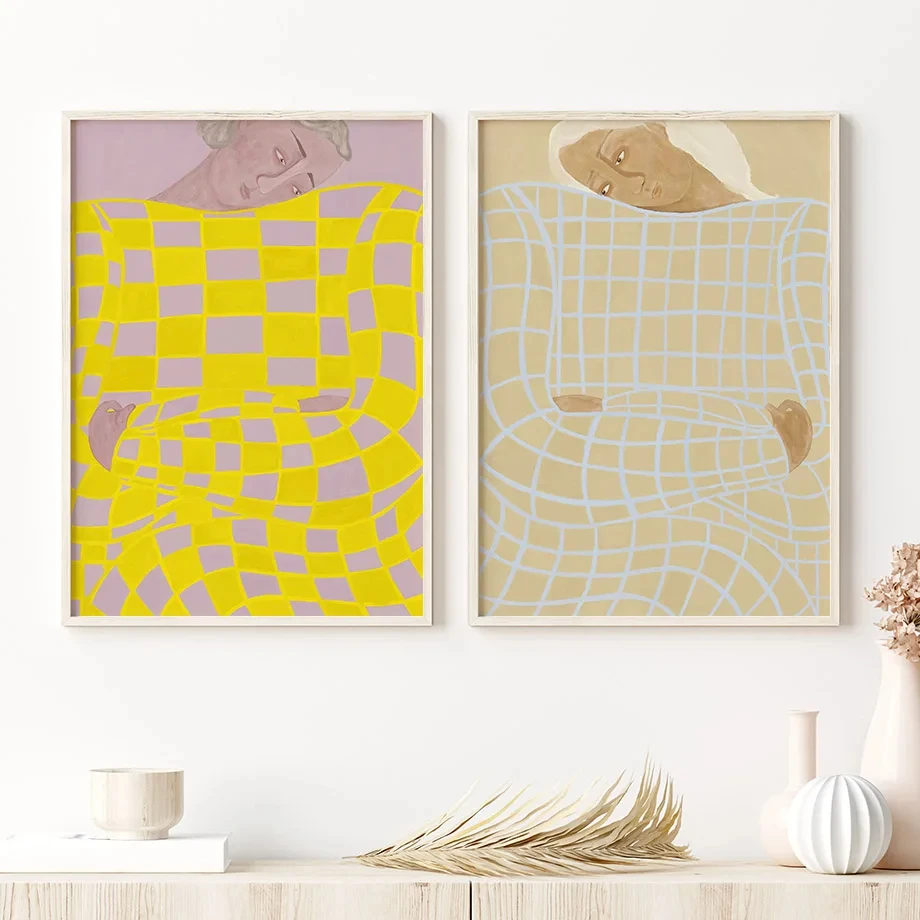 Abstract Yellow Gray Plaid Girl Line Leaves Wall Art Living Room Decoration Nordic Posters And Prints Canvas Painting Pictures