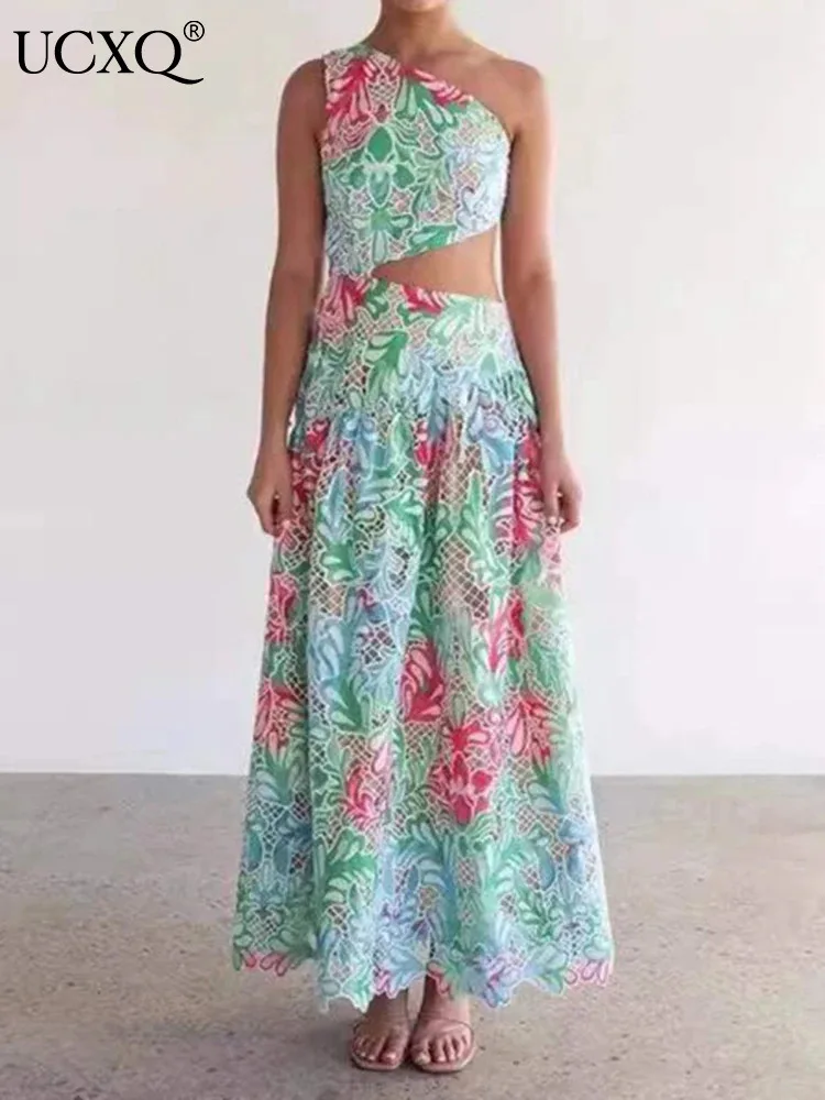 

UCXQ Elegant Long Dress Vacation Style Print Slash Neck Hollowed Out Embroidery Fashion Dresses Women 2024 Spring Summer 23C1004